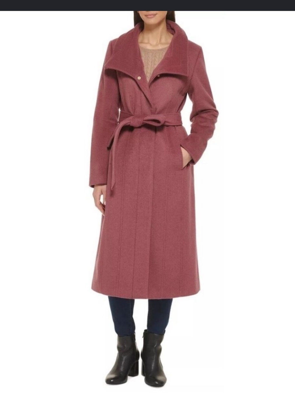 Cole Haan Signature Wool Blend Mauve Rose Belted Classic Quiet Luxury Coat 12